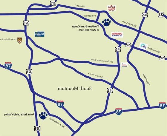 A map showing major roads in the Lehigh Valley with a paw print representing the Overlook Park location